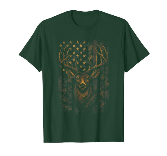 American Flag Deer - Camo Patriotic Hunting Art T-Shirt