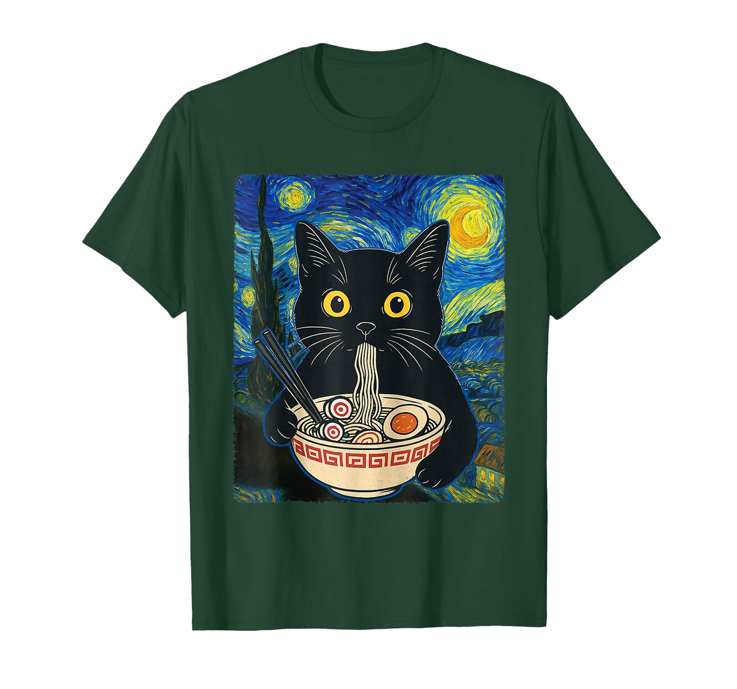 Cat Ramen Van Gogh Funny Japanese Graphic Tees Cat Anime T-Shirt