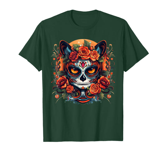 Cute Cat Sugar Skull Mexican Cat Halloween Day Of The Dead Men Women Kids T-Shirt