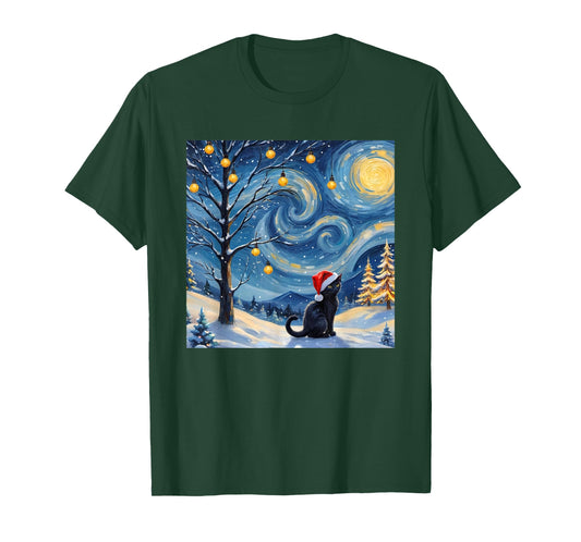 Christmas Van Gogh Starry Night Black Cat Santa Hat Vintage T-Shirt for Men Women Kids