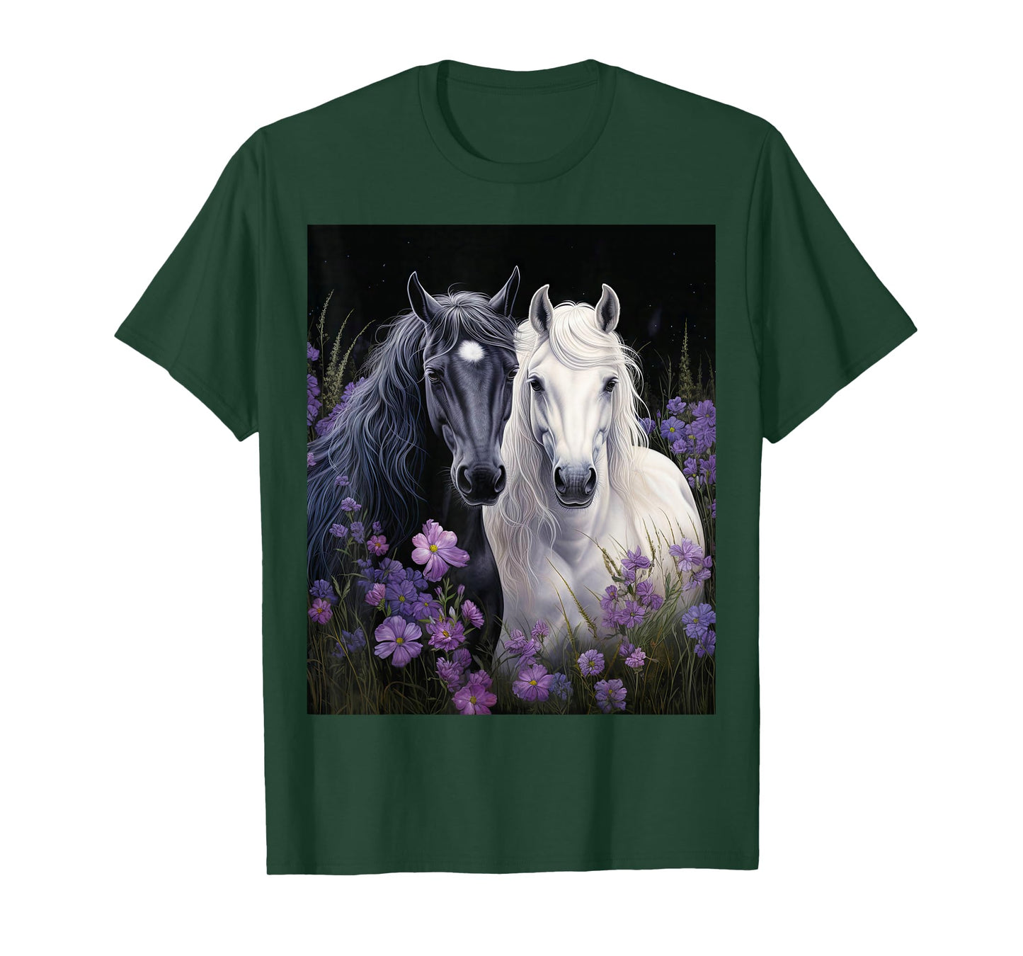 2 Horses standing in a meadow with flowers T-Shirt