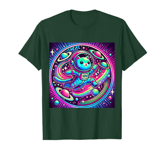 Astronaut Cat Flying Through a Neon Galaxy T-Shirt