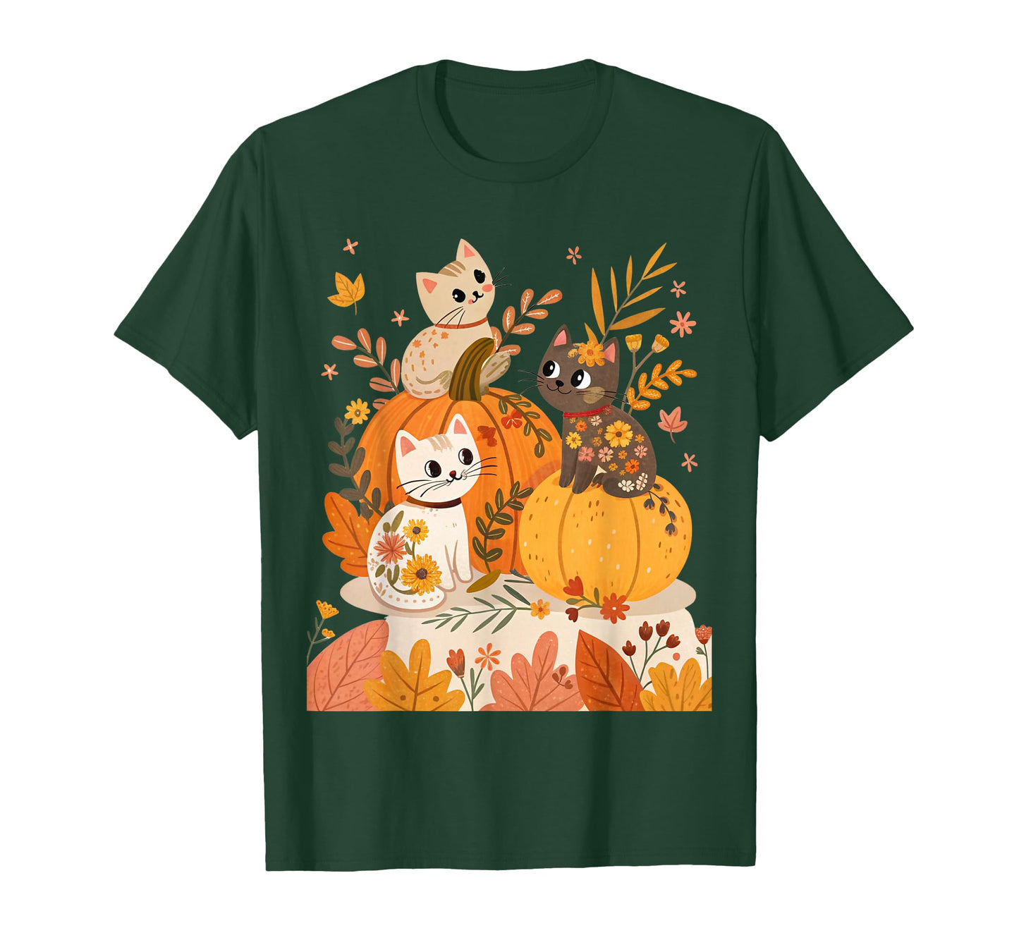 Cute Halloween Cats with Pumpkins Retro & Fall Flower Floral T-Shirt