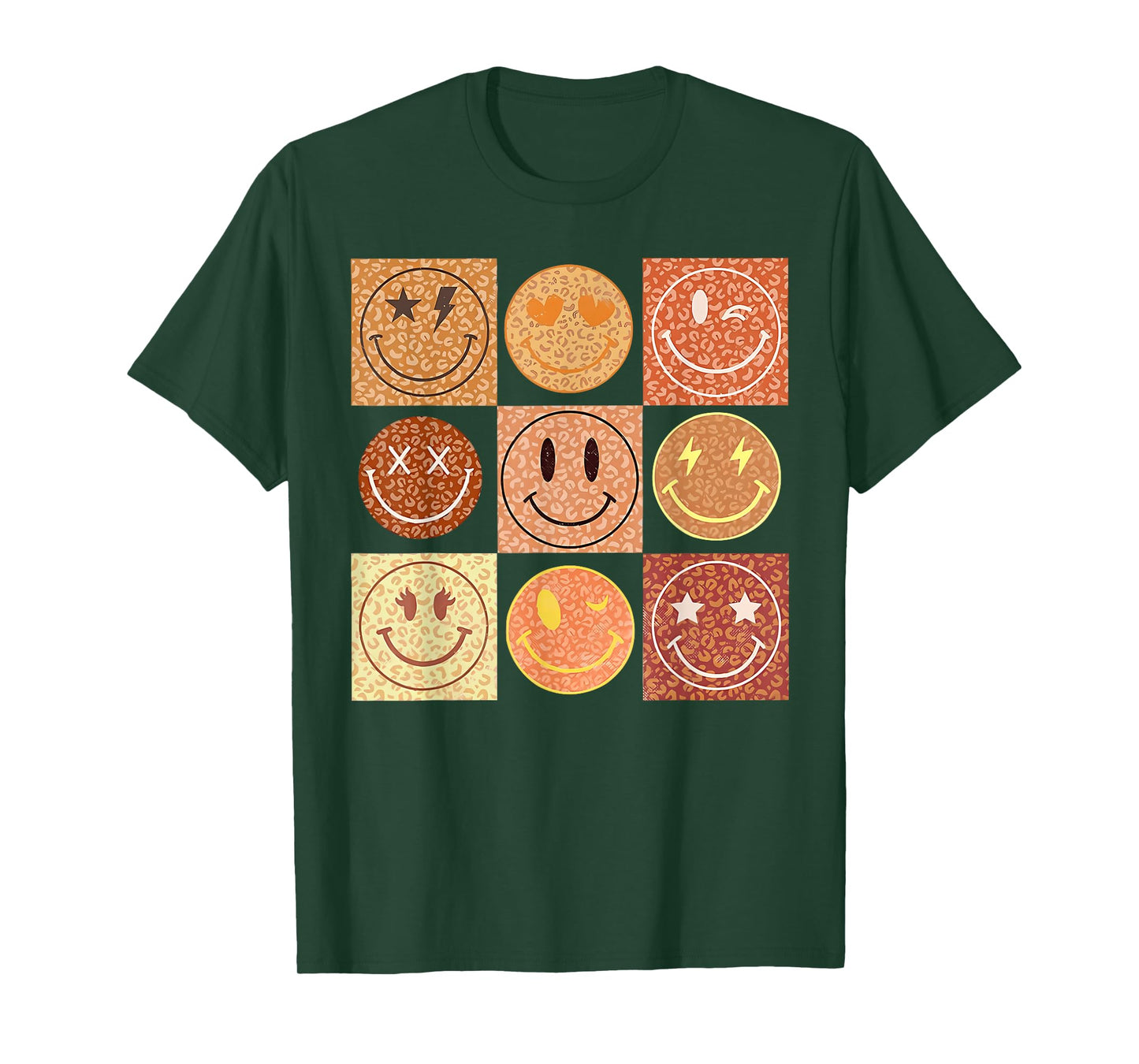 Retro Leopard Happy Face Checkered Pattern Smile Face T-Shirt