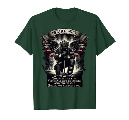 Isaiah 43 2 Firefighter Prayer fire Patriot Flag Bible Verse T-Shirt
