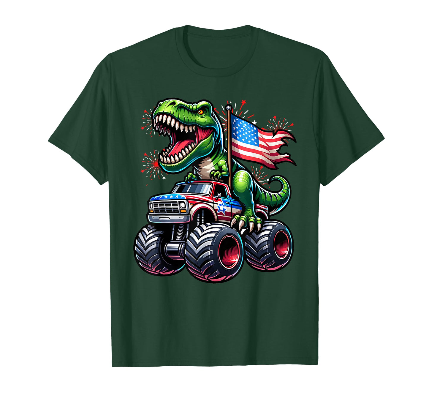 4th July T rex Dinosaur Monster Truck American USA Flag T-Shirt