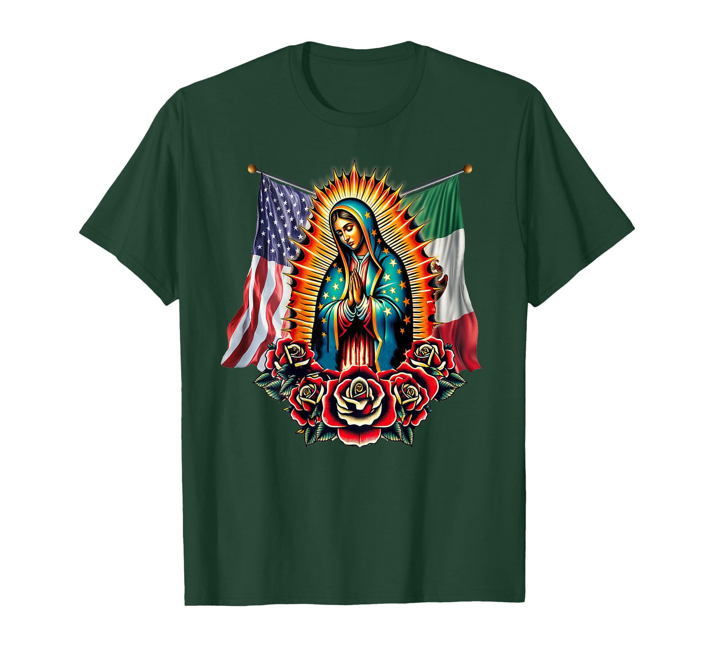 Virgen De Guadalupe Virgin Mary Mexican American Flag T-Shirt