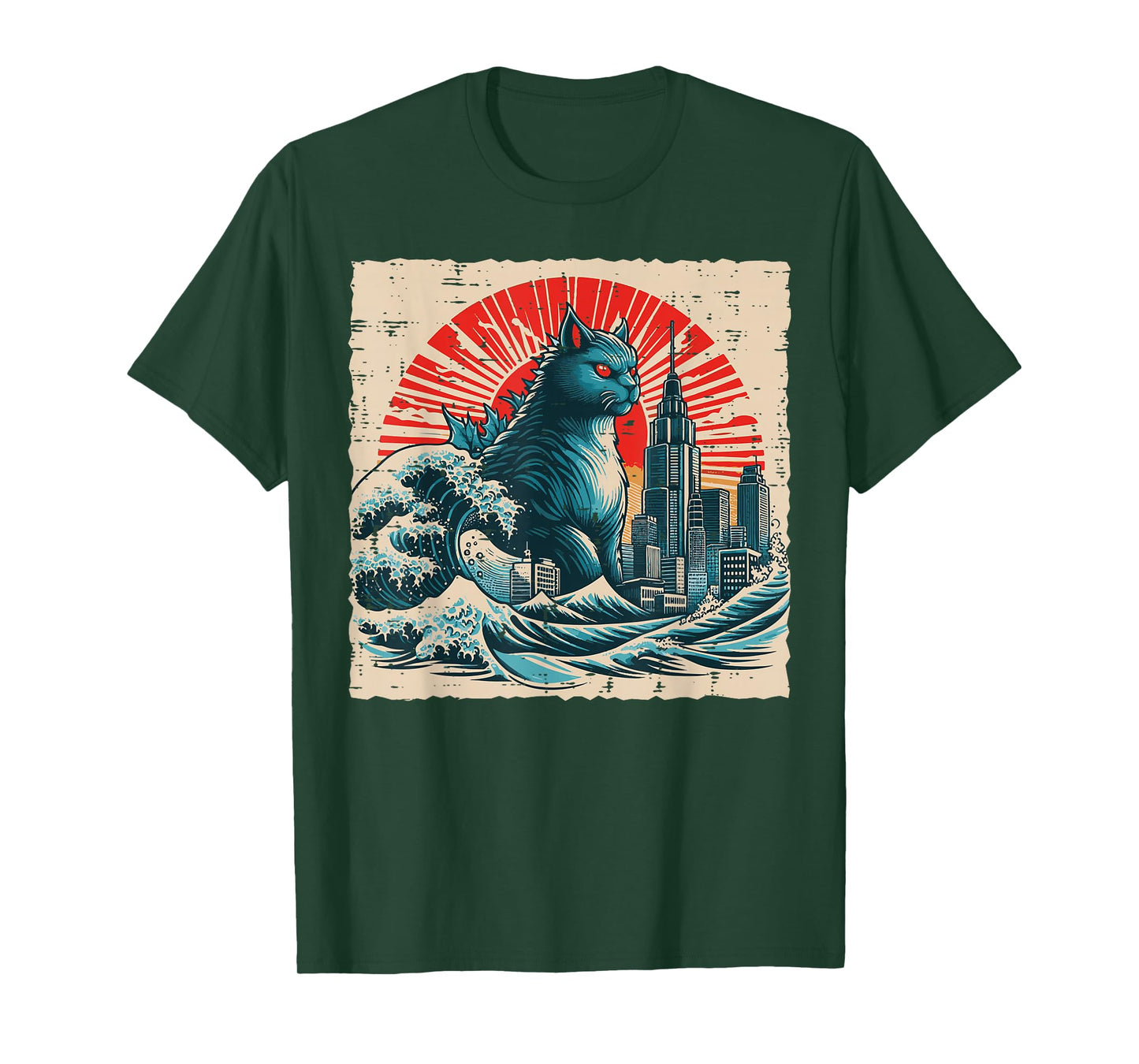 Japanese Cat Monster Great Wave City Ukiyo-e Men Women Kids T-Shirt