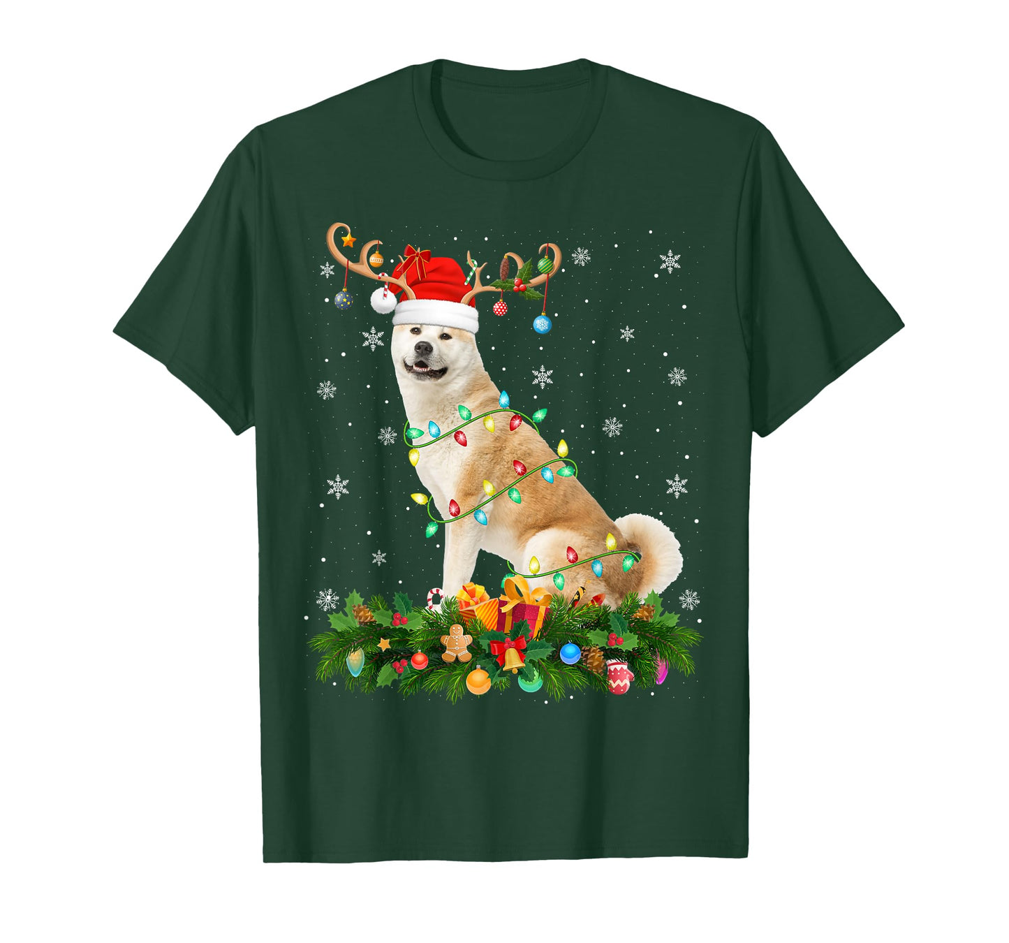 Akita Inu Christmas Lights Reindeer Santa Hat Dog Xmas T-Shirt