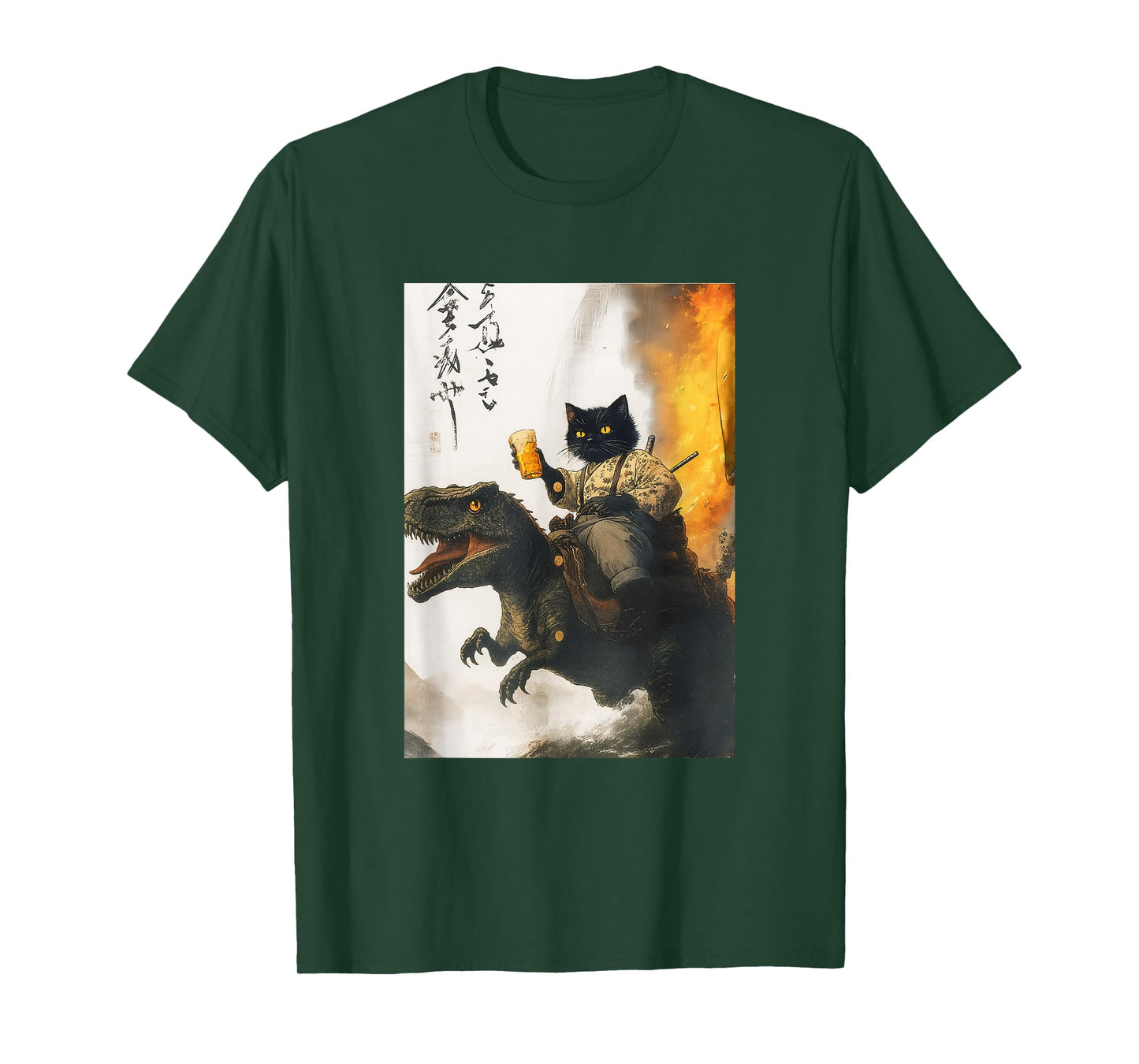 Samurai cat riding dinosaur with beer absurd warrior vibes T-Shirt