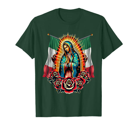 Our Lady Virgen De Guadalupe Virgin Mary Mexican Flag T-Shirt
