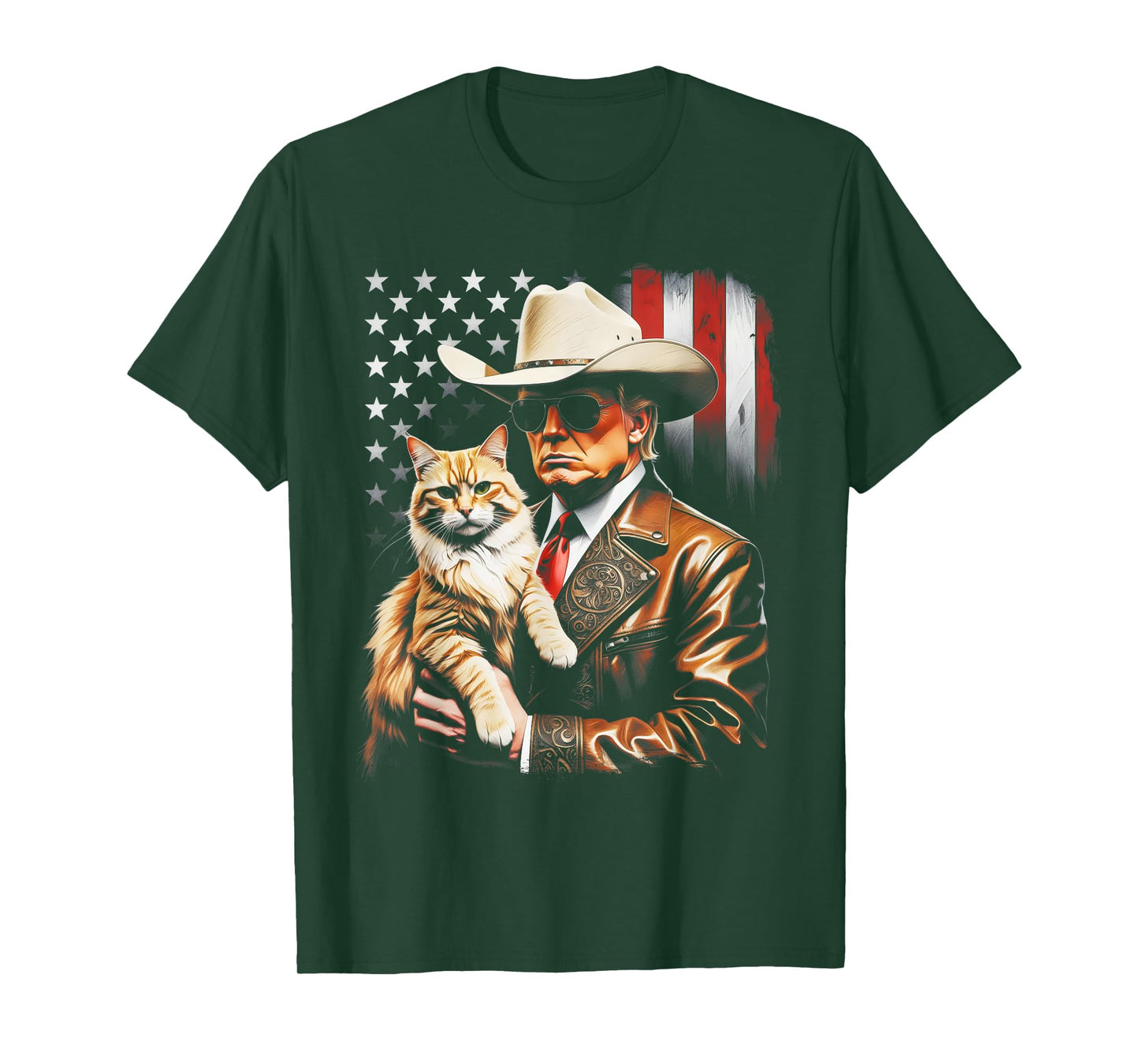 Trump and Cute Cat and American Flag Funny Trump Cowboy T-Shirt