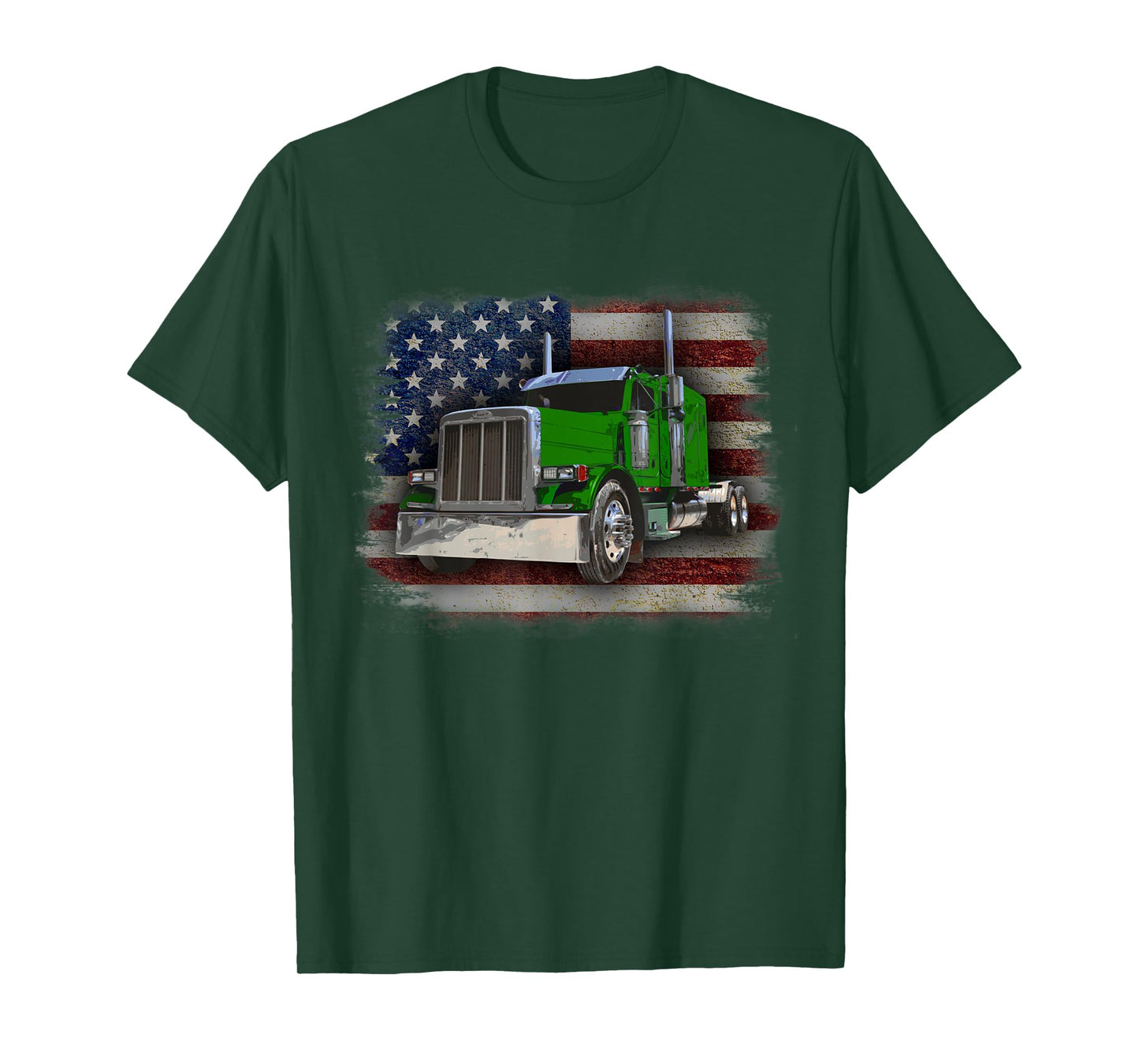American Flag and Green Big Rig Patriotic Trucker T-Shirt