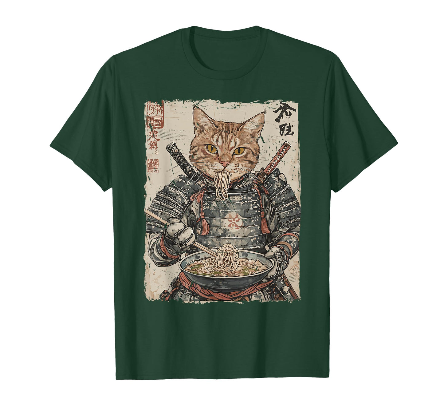 Samurai Cat Loves Ramen Funny Anime Japanese Artwork Samurai T-Shirt