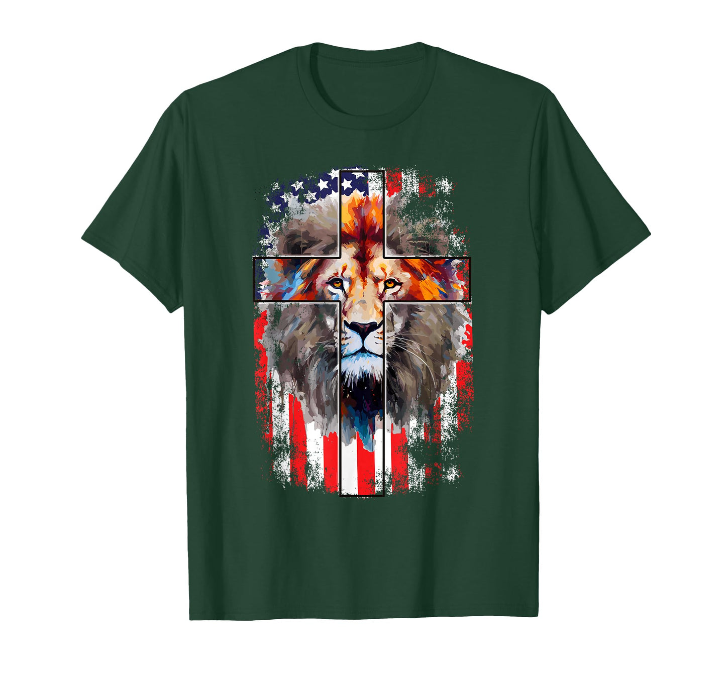 Christian God Faith US Flag Cross Jesus Lion of Judah T-Shirt
