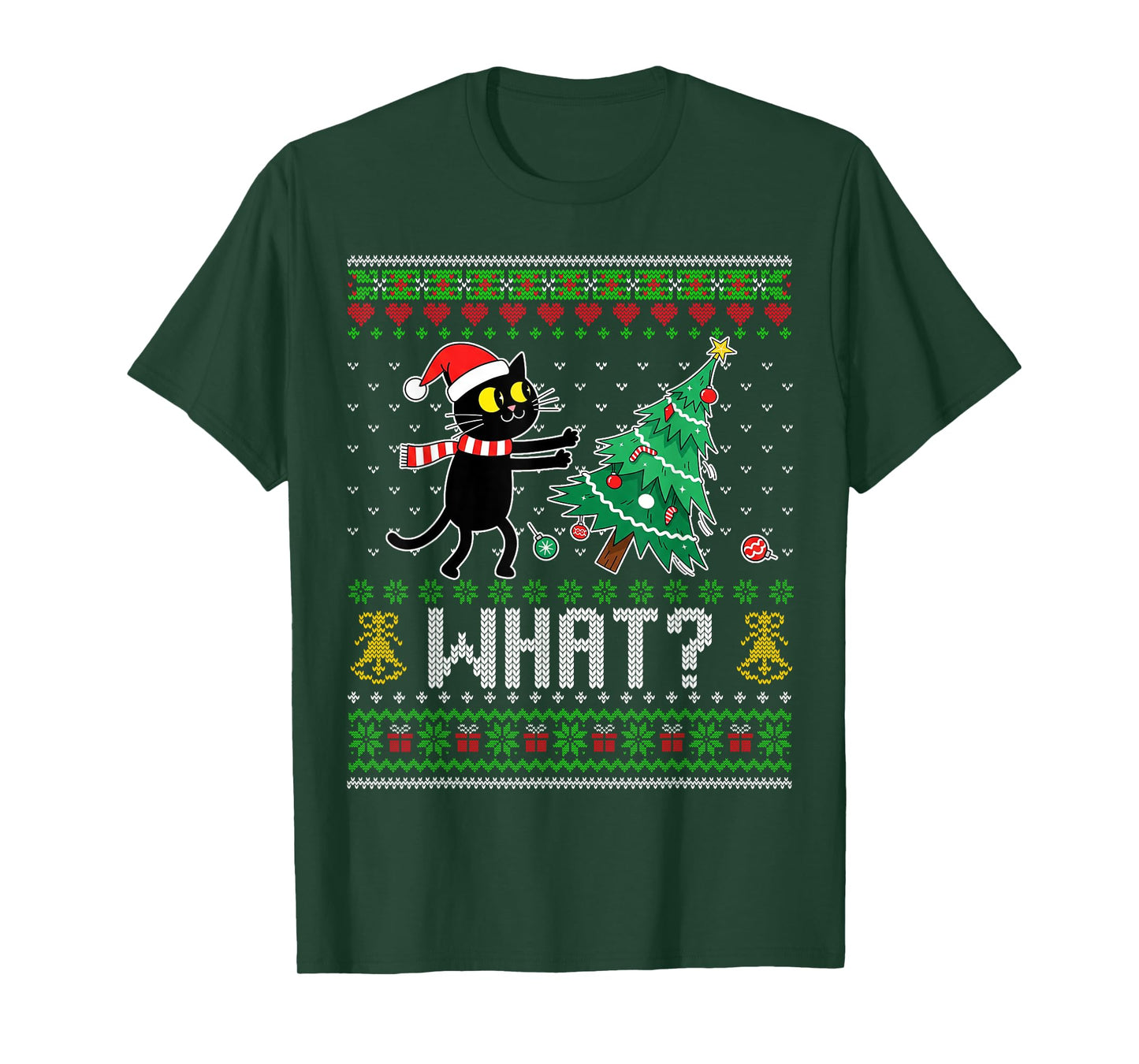 Black Cat Pushing Christmas Tree Cat What Funny Ugly Xmas T-Shirt