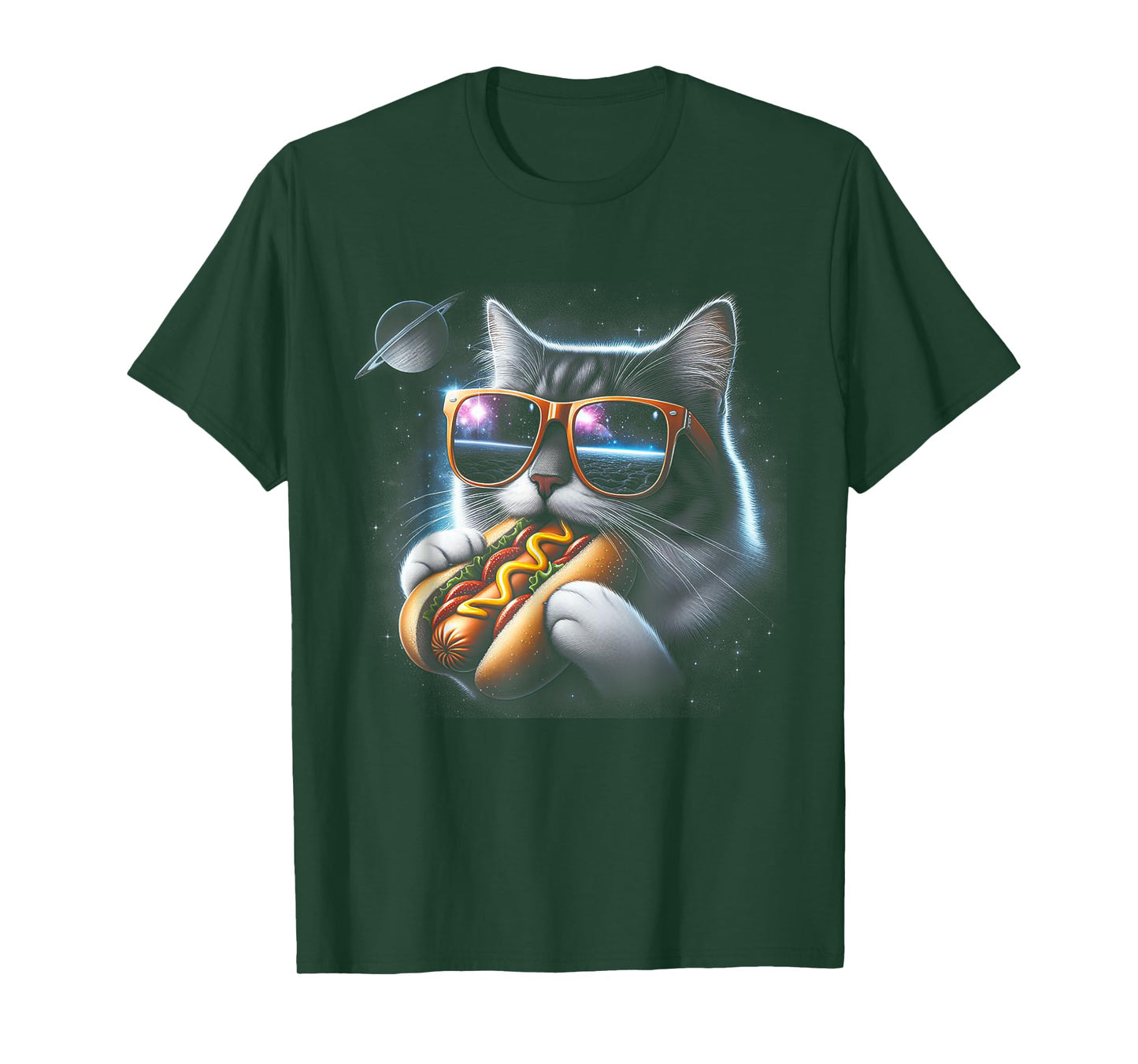 Cat Eating Funny Hot-Dog in Space Kit-Ty Gal-Axy Mens Womens T-Shirt