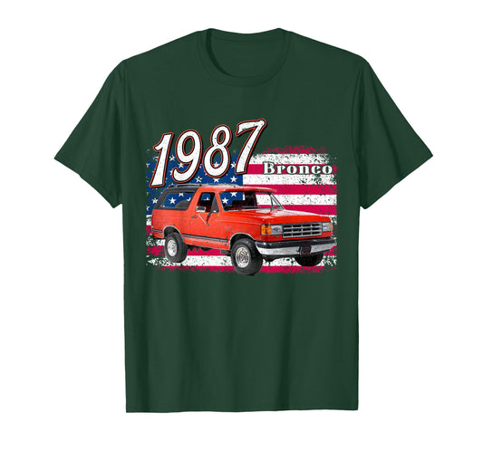 1987 87 Bronco Red Classic Vintage Old Car USA Flag T-Shirt