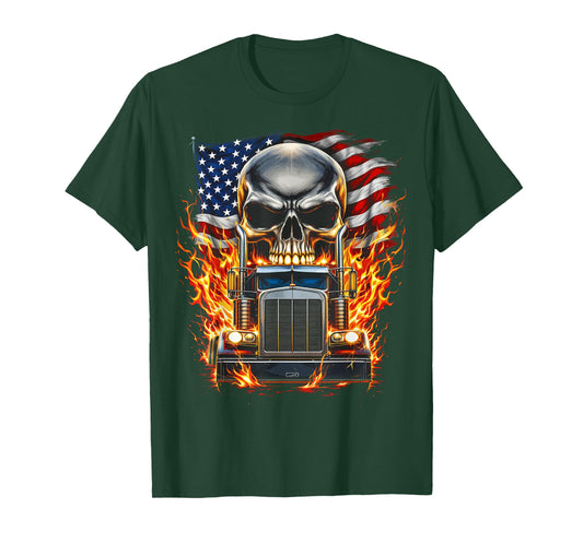 Trucker Patriotic American Flag Semi Truck Driver Skull T-Shirt