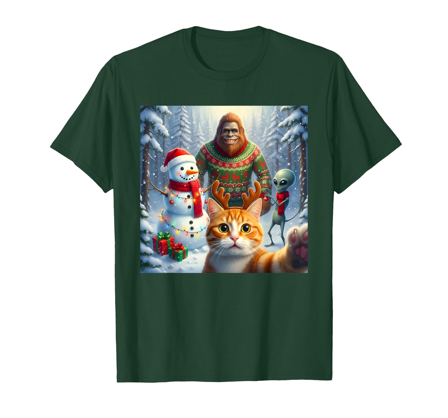 Funny Cat Selfie Bigfoot Humor Men Women Kids Christmas T-Shirt