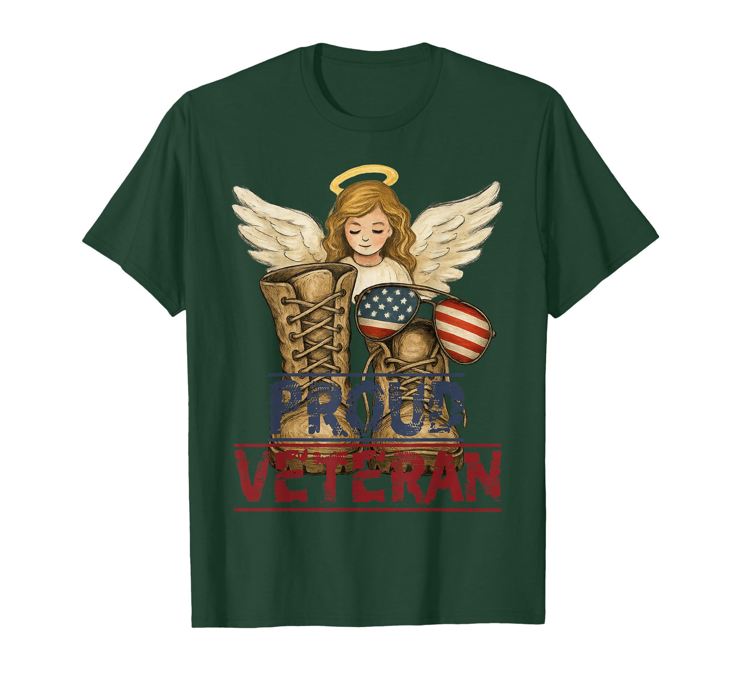 Proud Veteran Angel Wings with Combat Boots and USA Flag T-Shirt