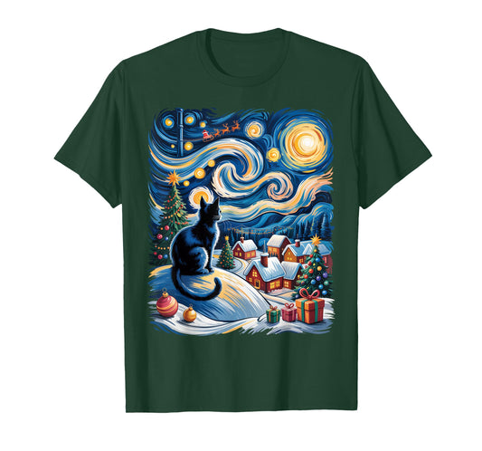 Christmas Cat Van Gogh Starry Night Xmas Cat Kitten Graphic T-Shirt
