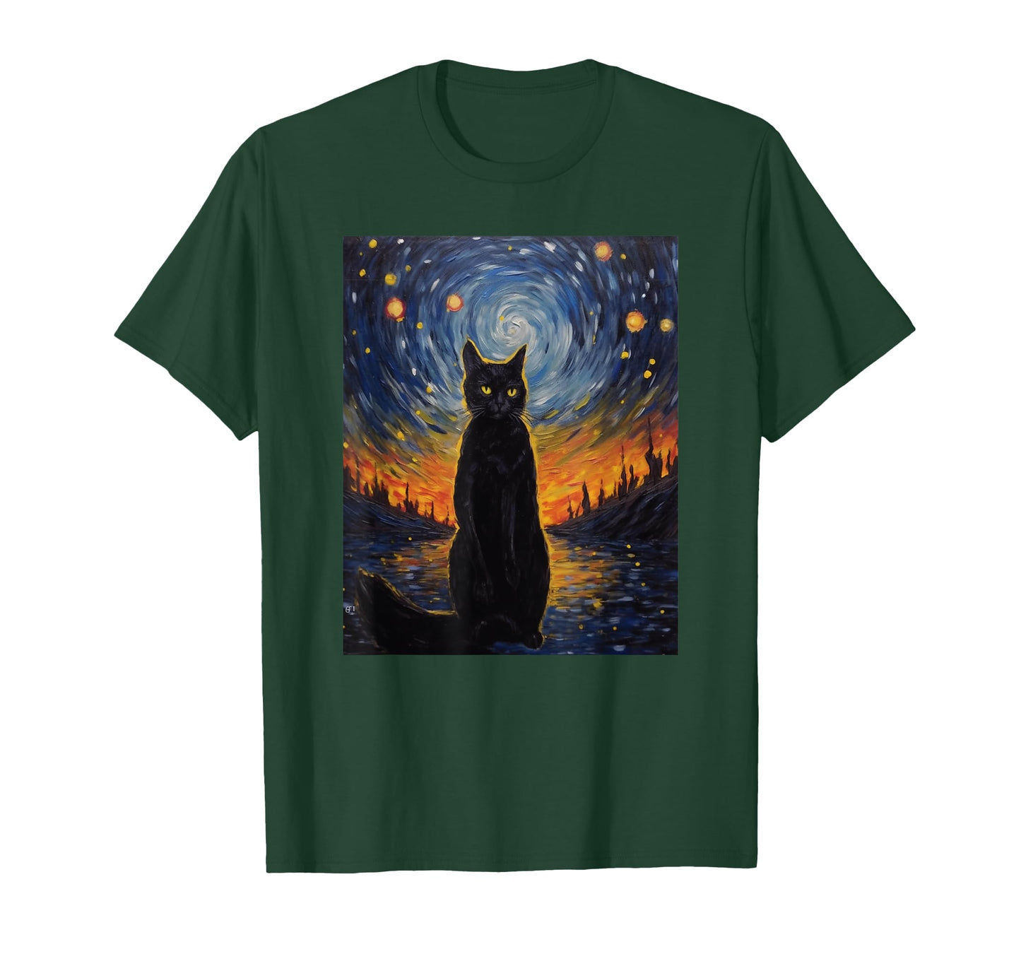 black cat Painting art Starry Night kitty kitten Van Gogh T-Shirt