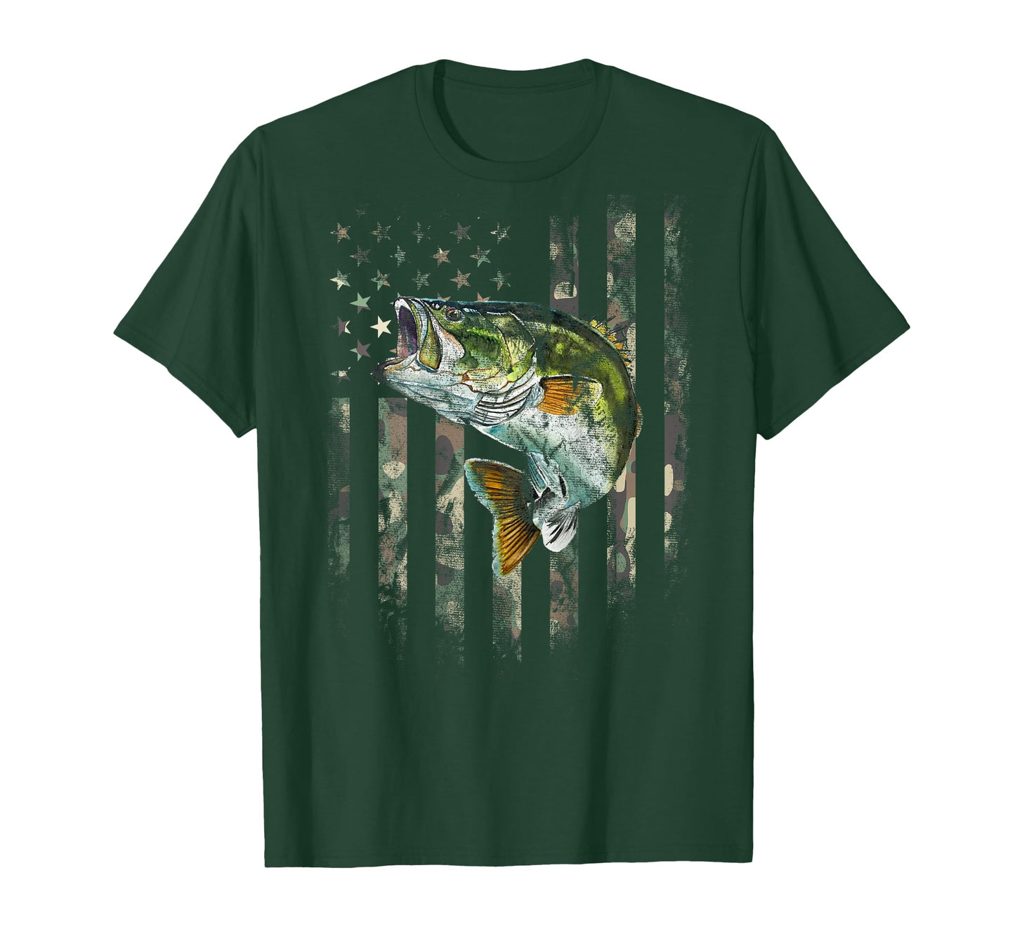 (Art on Back) American Flag Camo Bass Fish Fishing T-Shirt