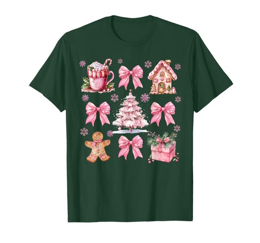 Cute Pink Coquette Bow Gingerbreads Coffee Family Xmas Tree T-Shirt