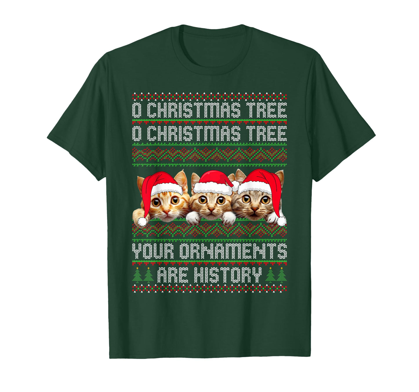 3 Cat Christmas Tree Ugly Sweater Santa Hat Funny Cat Xmas T-Shirt