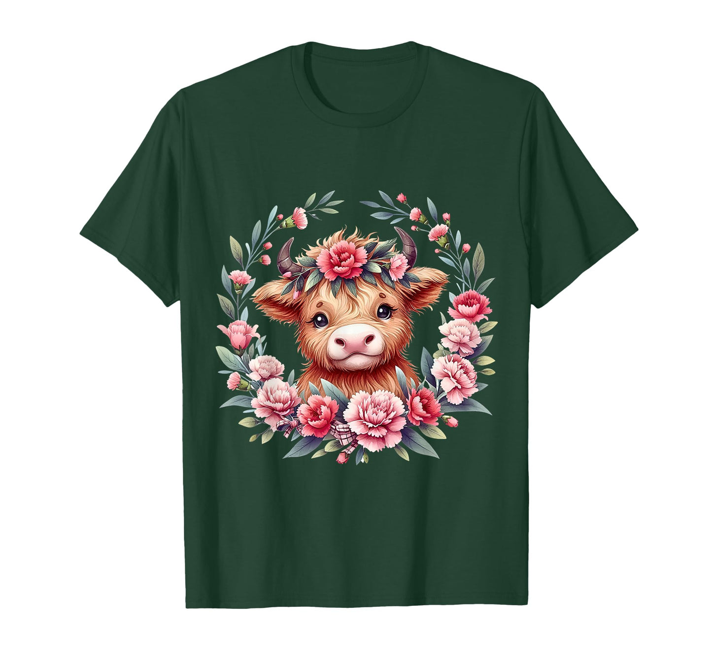 Cute Baby Highland Cow With Carnation Flower Scottish Farm T-Shirt