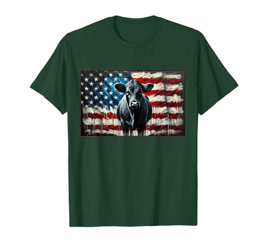 Angus Rancher USA American Flag Cow T-Shirt