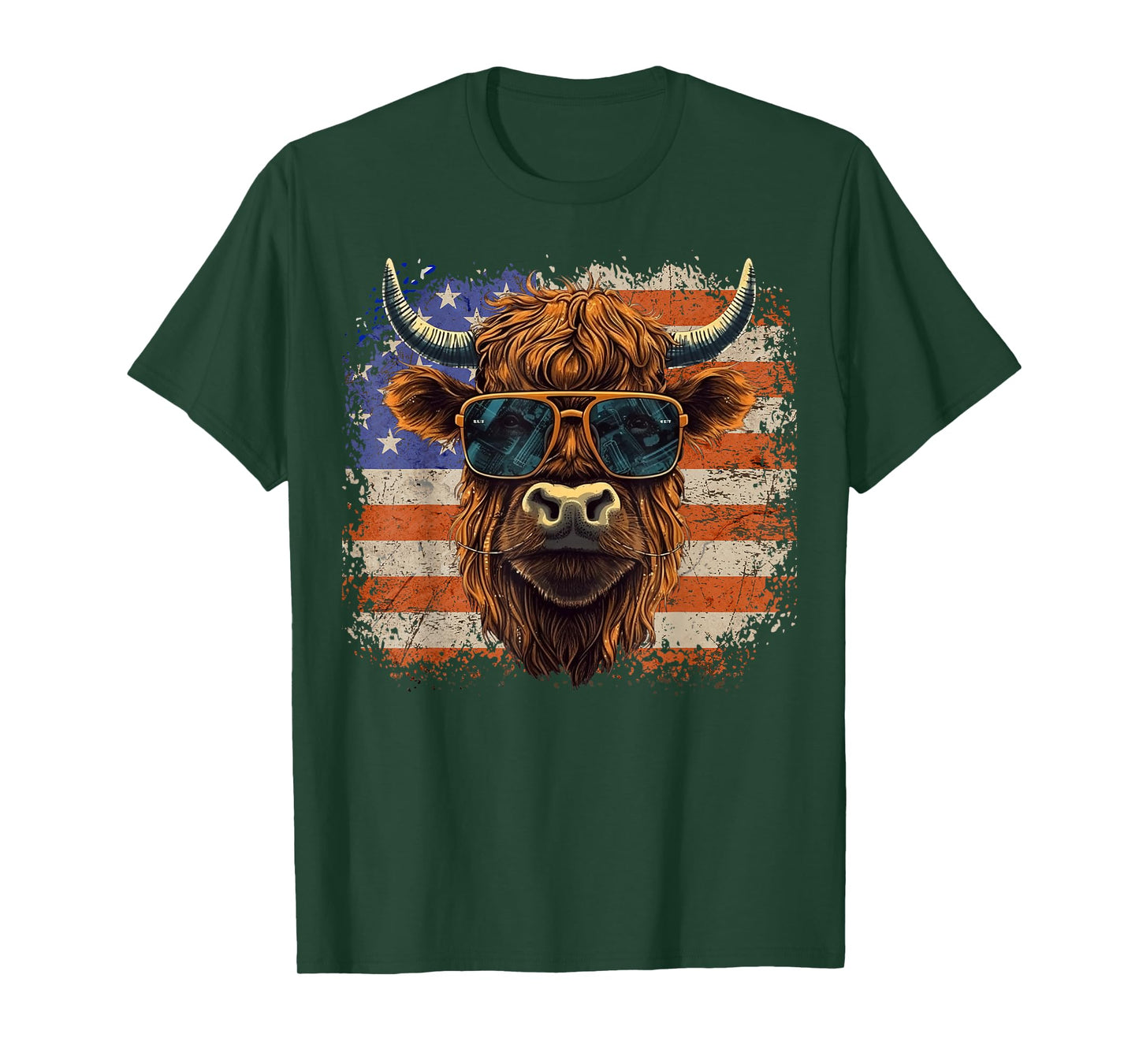 American Flag, Highland Cow-Fourth of July, Cow Lover Cool T-Shirt