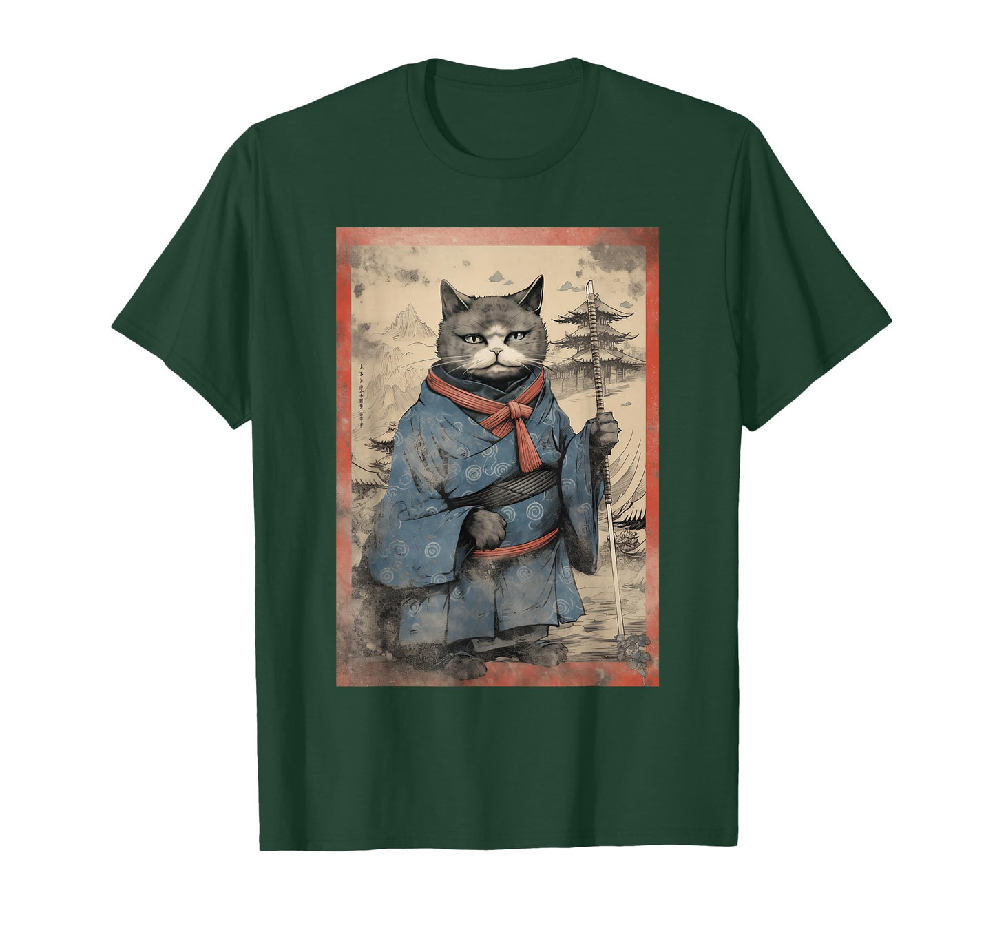 Japanese Art Cat Ninja Ukiyo-E Anime Style Samurai T-Shirt