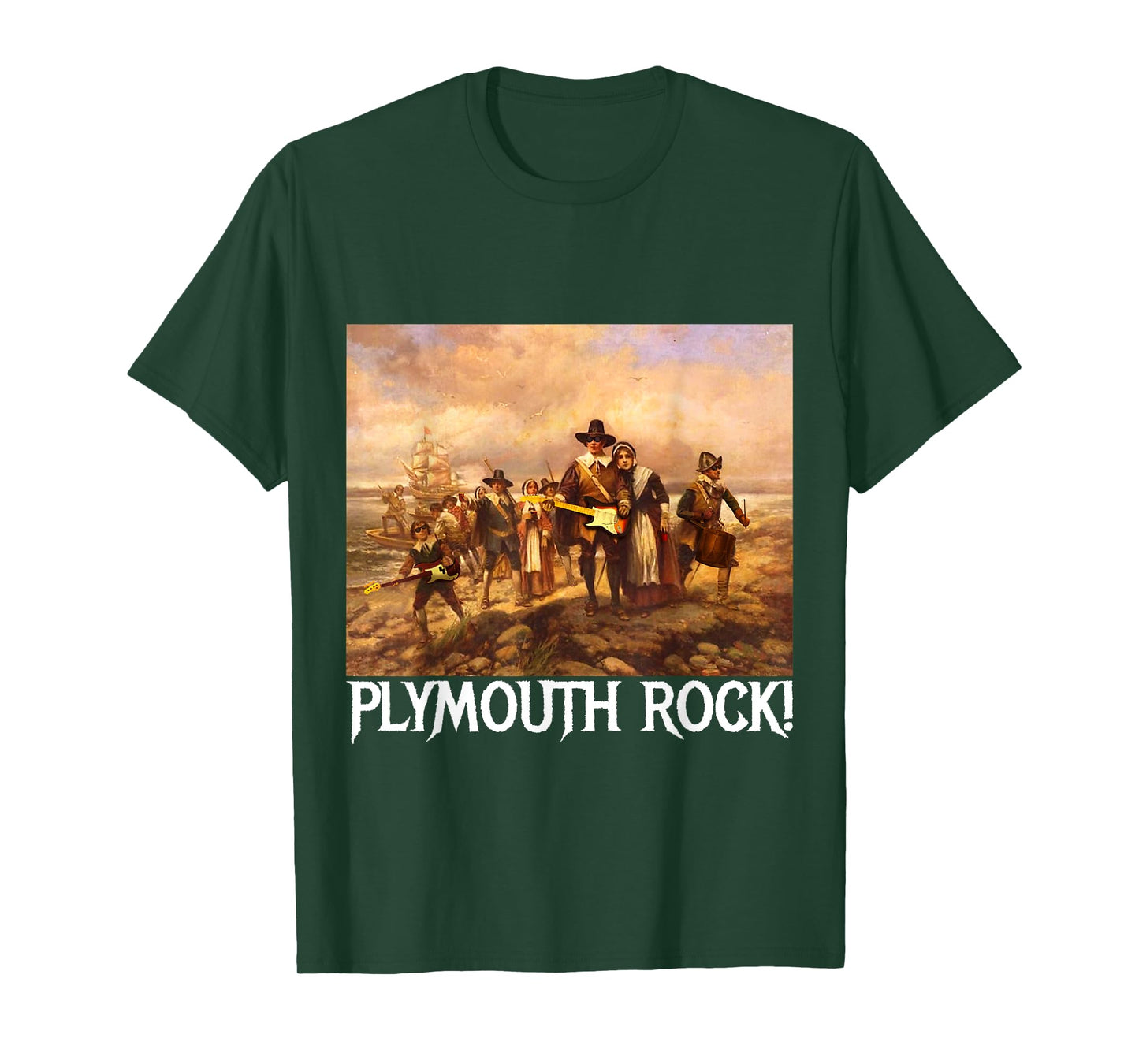 Plymouth Rock! Thanksgiving Pilgrims Rocking Guitars & Drum T-Shirt
