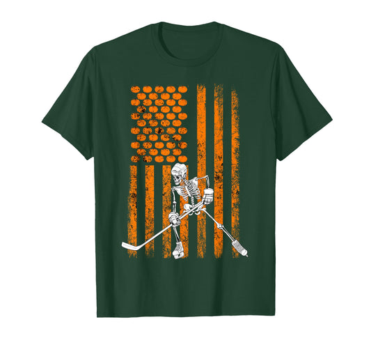 Ice Hockey Player Fan Gift Skeleton Halloween Shirt Men Boys T-Shirt