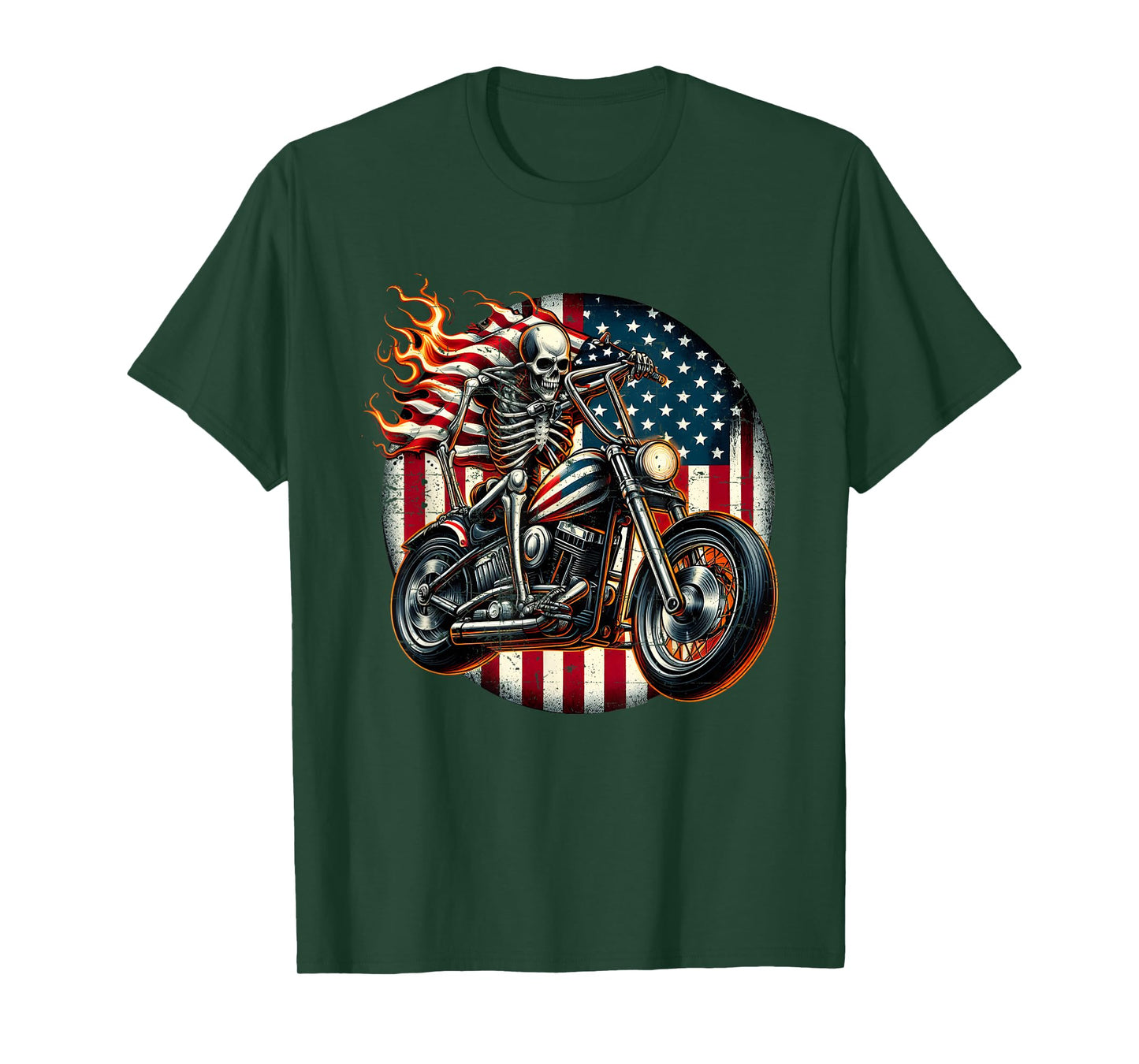 USA Flag Motorcycle Skeleton Biker 4th July American Patriot T-Shirt