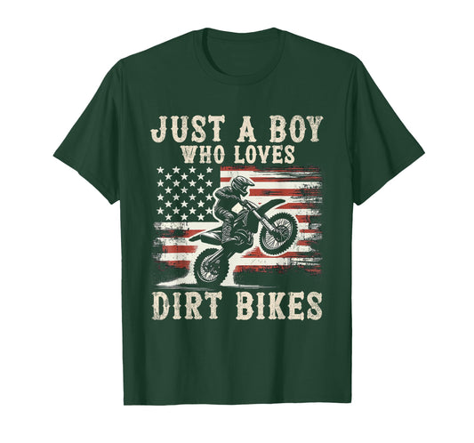 Just A Boy Who Loves Dirt Bikes American Flag Motocross Gift T-Shirt