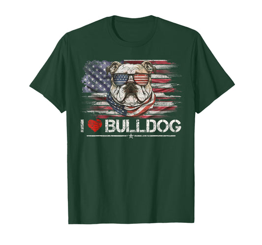 Vintage USA Flag I Love My Bulldog Dog Heart, Bulldog Lover T-Shirt for Women Kids Men