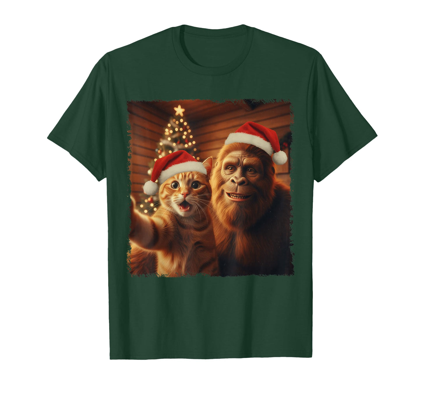 Funny Cat and Sasquatch Christmas Selfie Santa Hat Boys Men T-Shirt