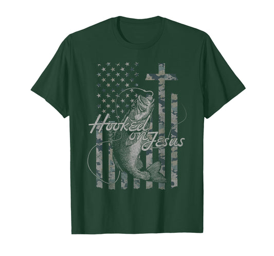 Hooked on Jesus Christian American Flag Fishing T-Shirt