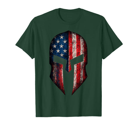 U.S. American Flag Patriotic Spartan Helmet Battle Scarred T-Shirt