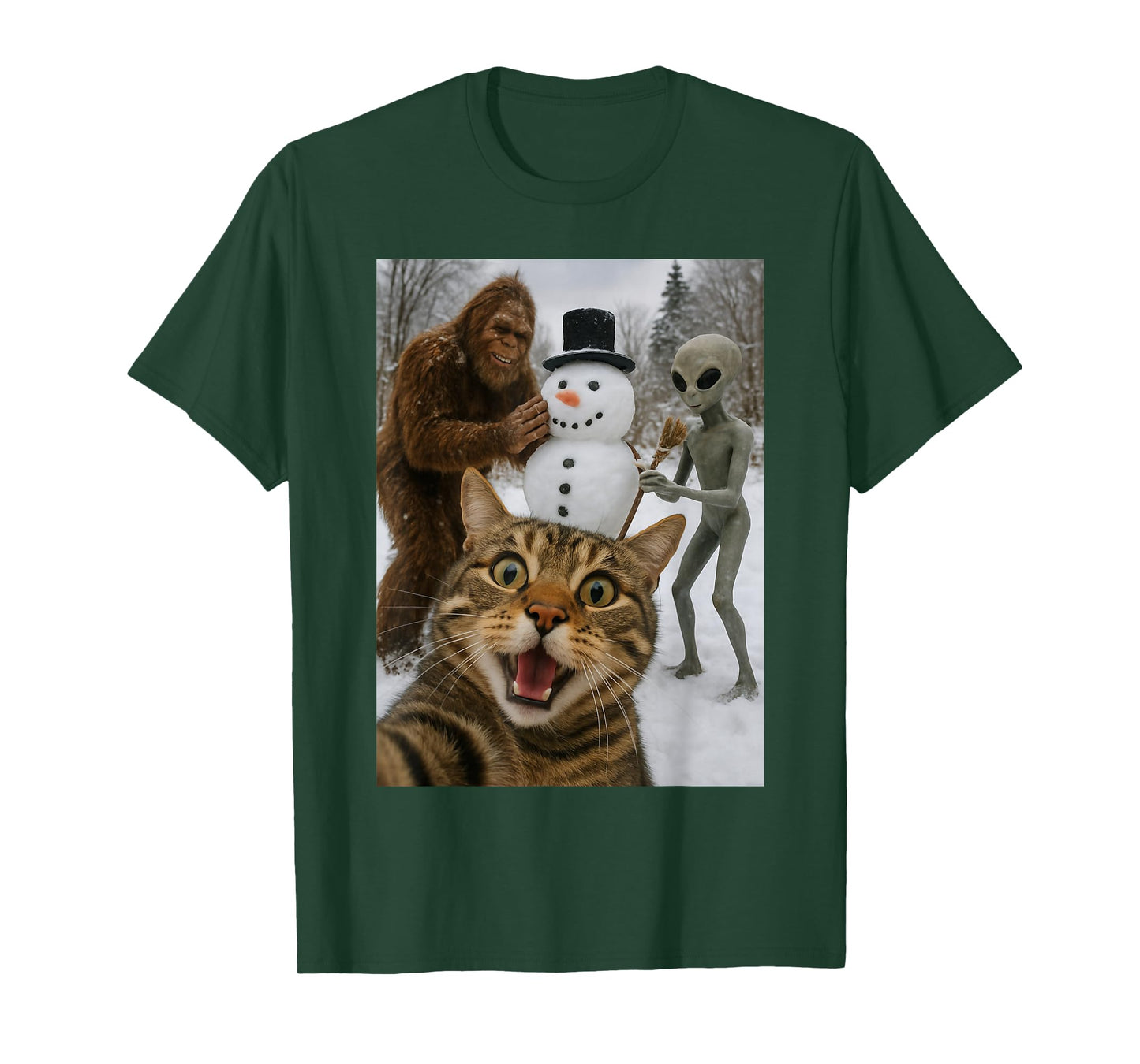 Funny Christmas Cat Selfie with Bigfoot Alien & Snowman T-Shirt