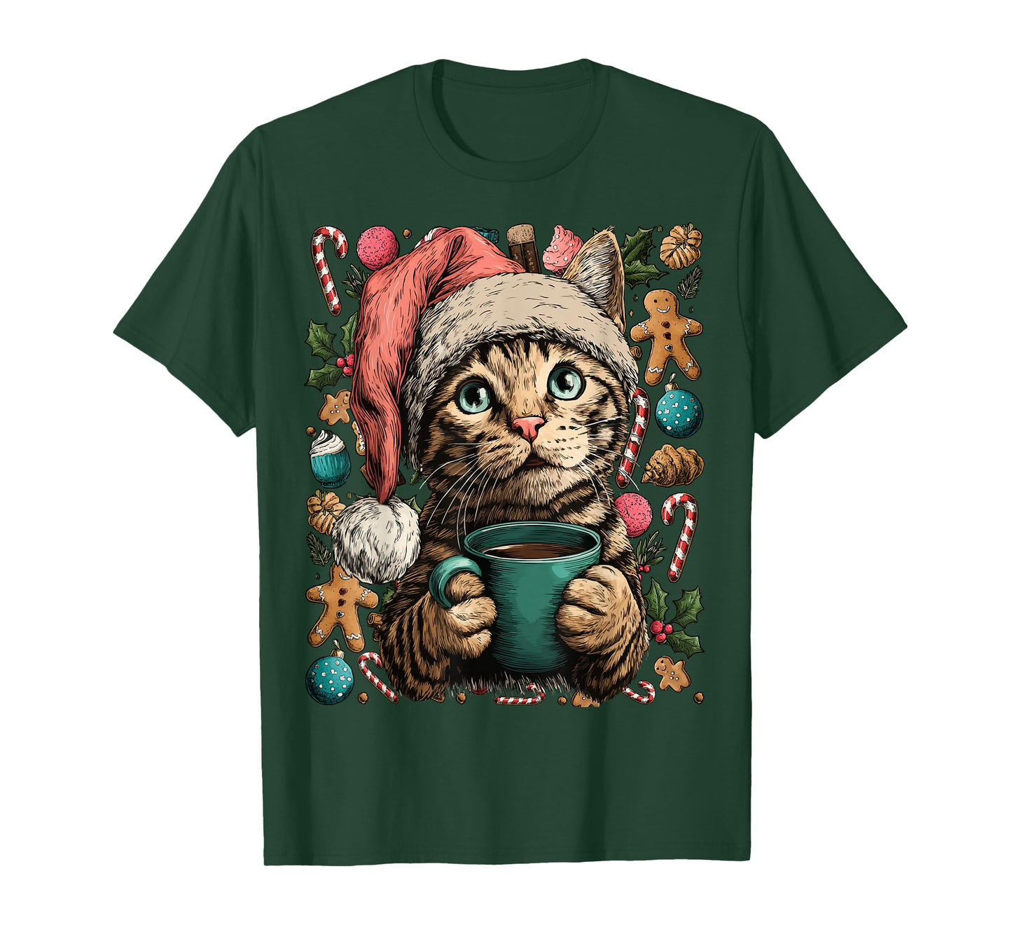 Christmas Tabby Cat with Santa Hat Cocoa Cookies Kitten T-Shirt