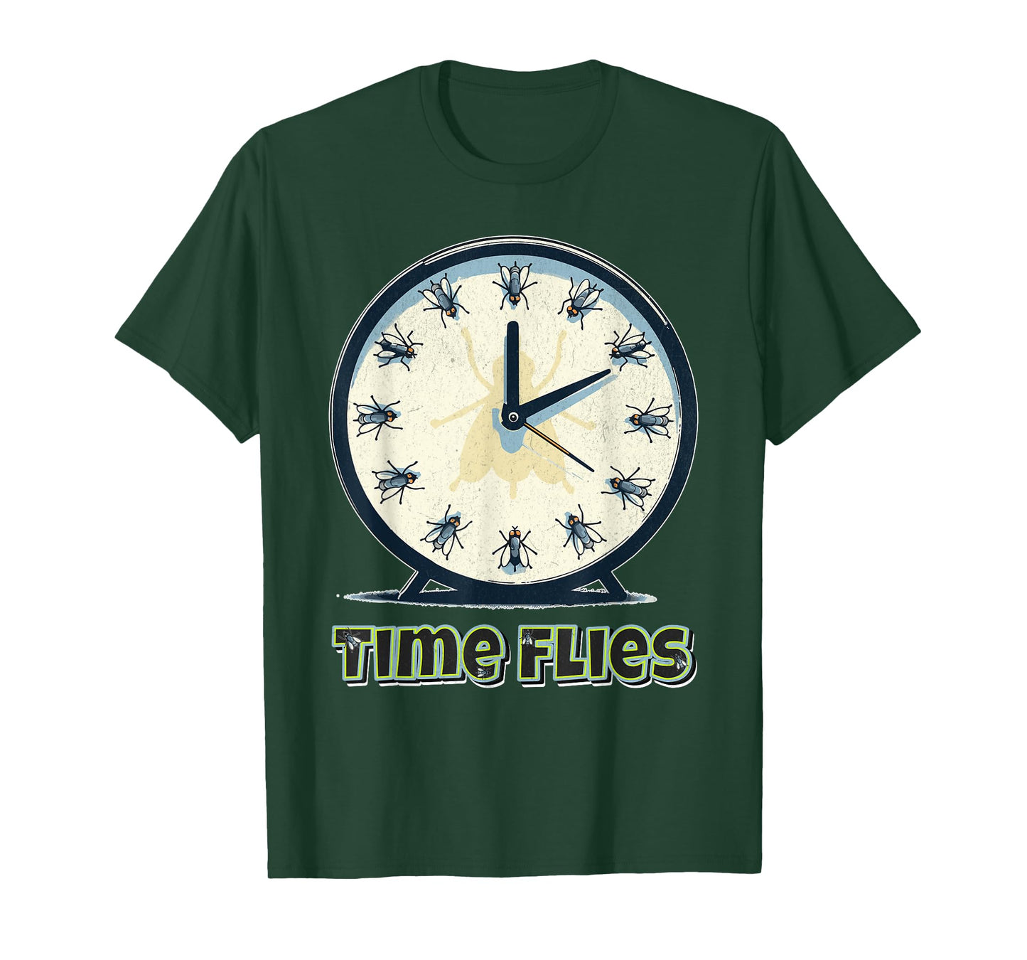 Time Flies Funny Clock Graphic Flying Bugs Pun T-Shirt