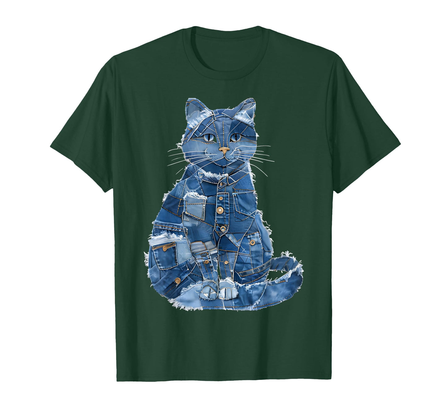 Retro Cat Pattern Denim Patchwork Graphic Art T-Shirt