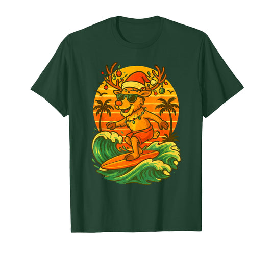 Reindeer Surfing Summer Beach Santa Lights Christmas in July T-Shirt