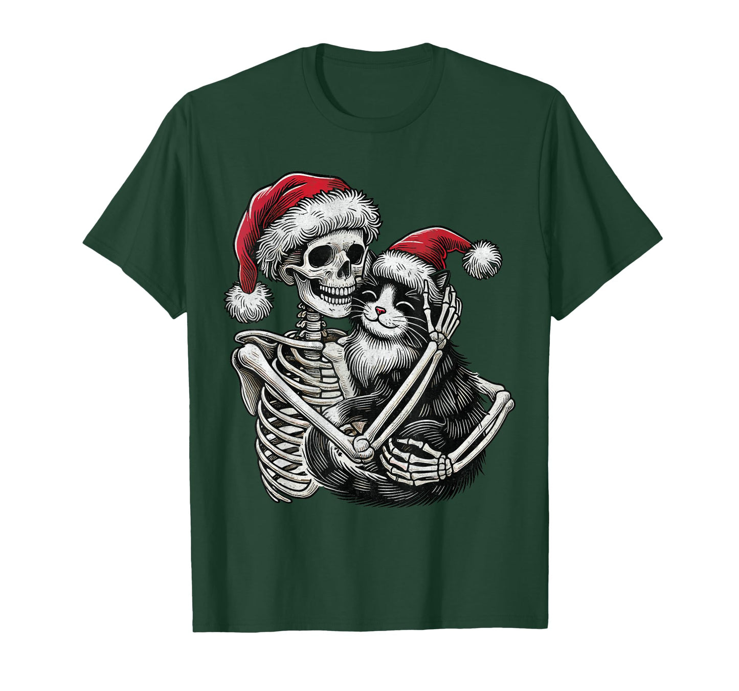 Skeleton Hugging Cat christmas Cat Lover Cat Mom Dad T-Shirt