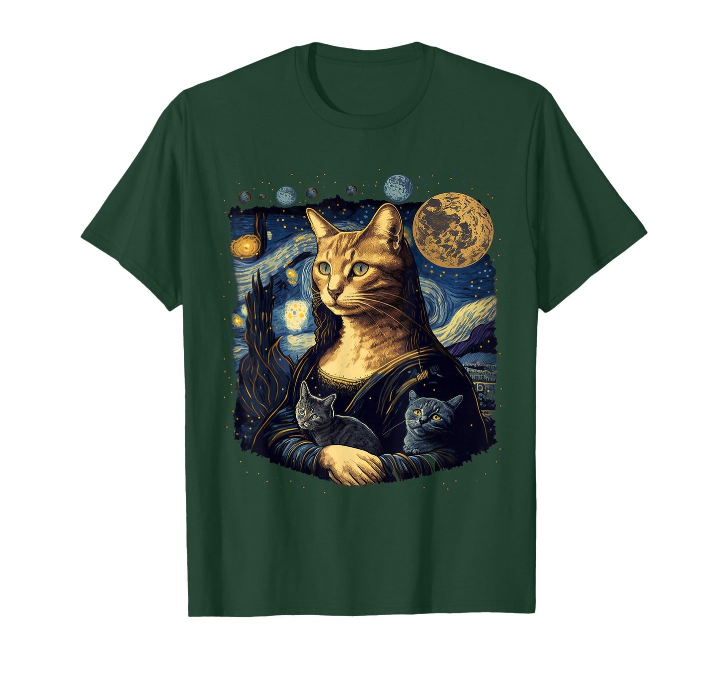 Cat Mona Lisa With Cats Starry Night Van Gogh Funny Art T-Shirt