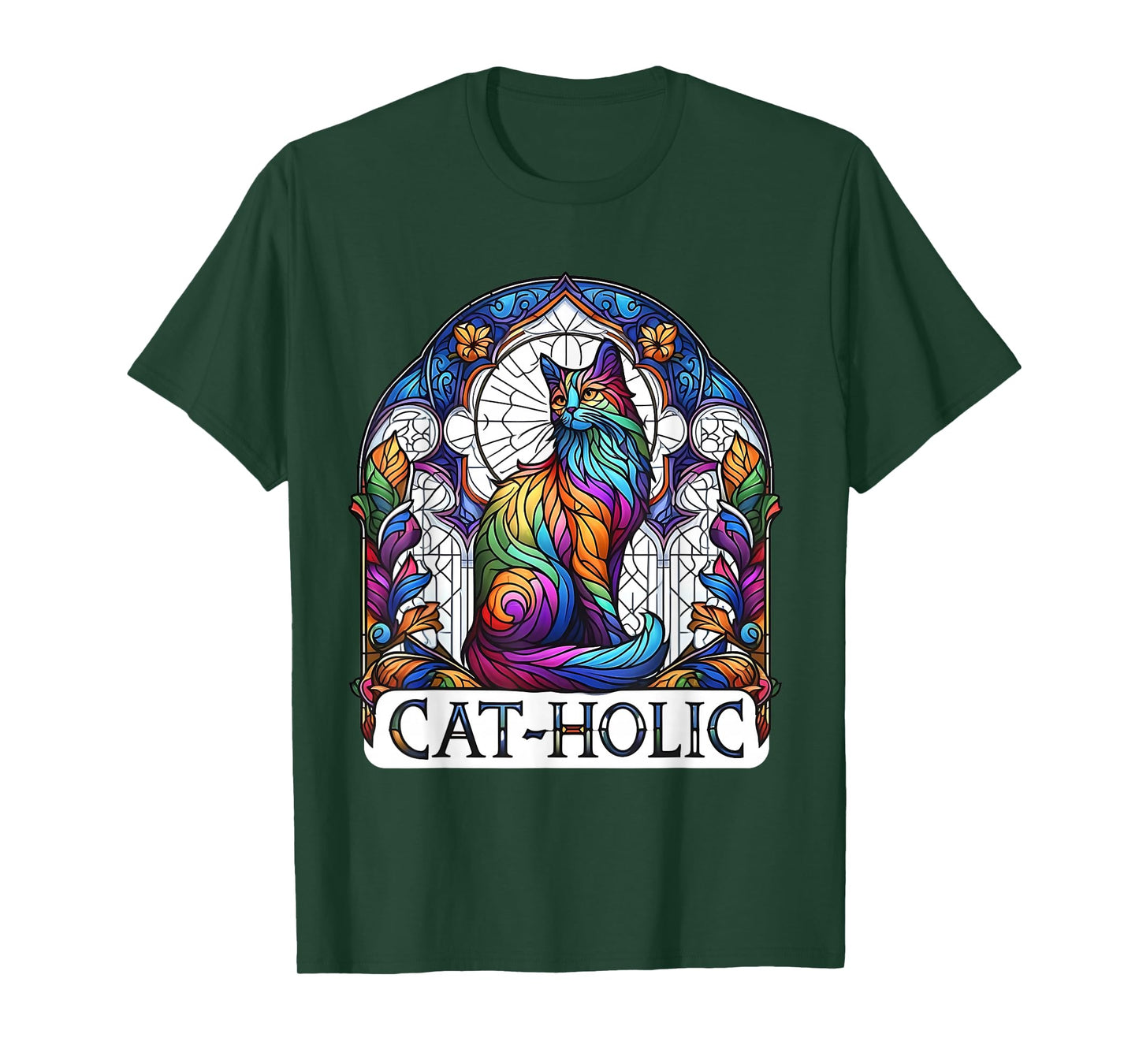 Cat-holic. Funny Catholic. Stained Glass Cat. T-Shirt